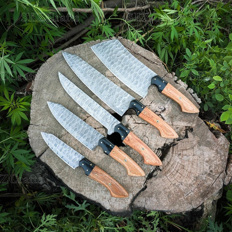 Custom Made Chef knife Set, Damascus Steel Blade, Wooden Handle, Groomsmen Gift, Anniversary Thanksgiving Gifts