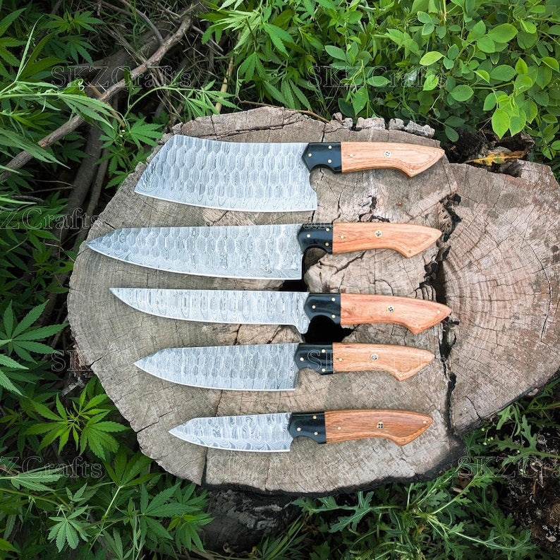 Custom Made Chef knife Set, Damascus Steel Blade, Wooden Handle, Groomsmen Gift, Anniversary Thanksgiving Gifts