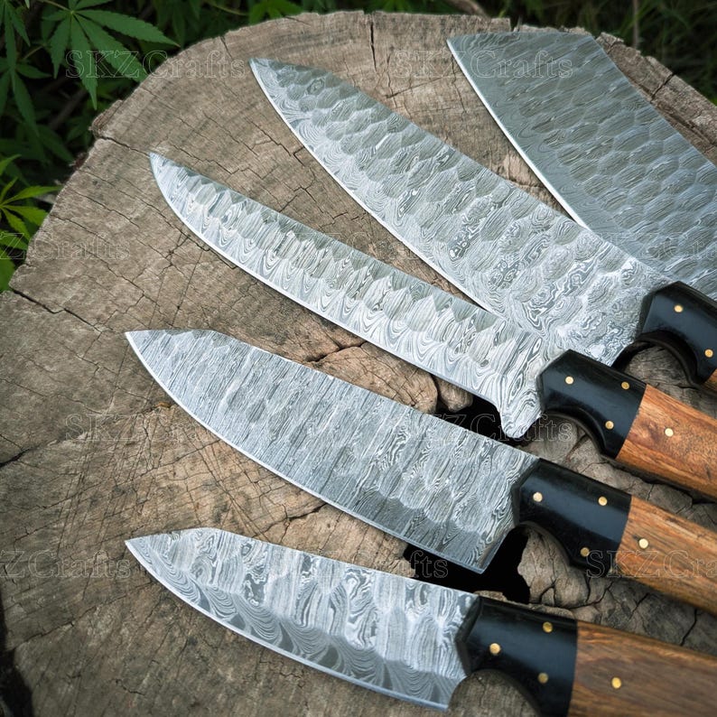Custom Made Chef knife Set, Damascus Steel Blade, Wooden Handle, Groomsmen Gift, Anniversary Thanksgiving Gifts