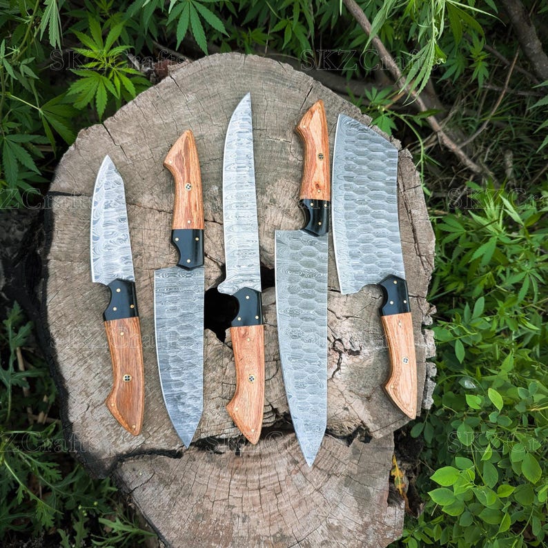 Custom Made Chef knife Set, Damascus Steel Blade, Wooden Handle, Groomsmen Gift, Anniversary Thanksgiving Gifts