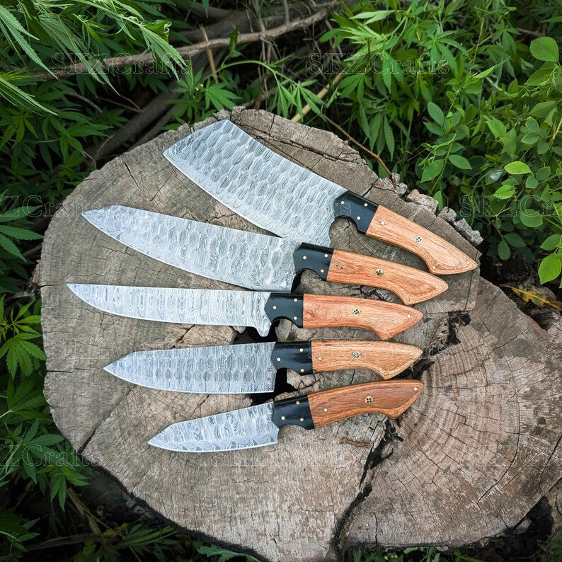 Custom Made Chef knife Set, Damascus Steel Blade, Wooden Handle, Groomsmen Gift, Anniversary Thanksgiving Gifts
