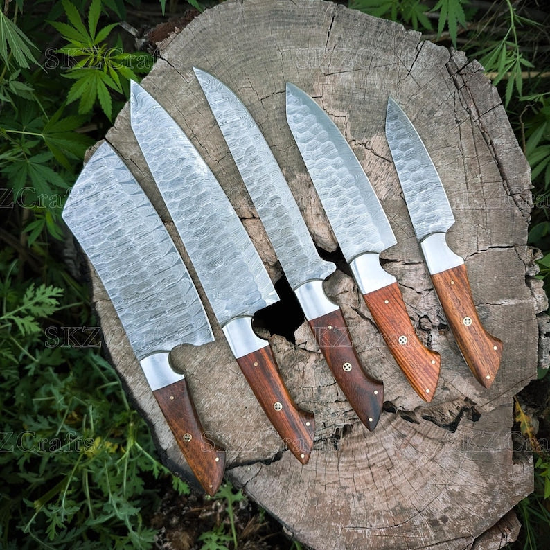 Handmade Damascus Steel Knives, Wooden Handle 5-Piece Set with Leather Roll, Personalized Thanksgiving Gifts for Him