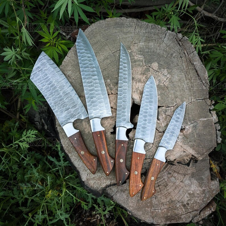 Handmade Damascus Steel Knives, Wooden Handle 5-Piece Set with Leather Roll, Personalized Thanksgiving Gifts for Him