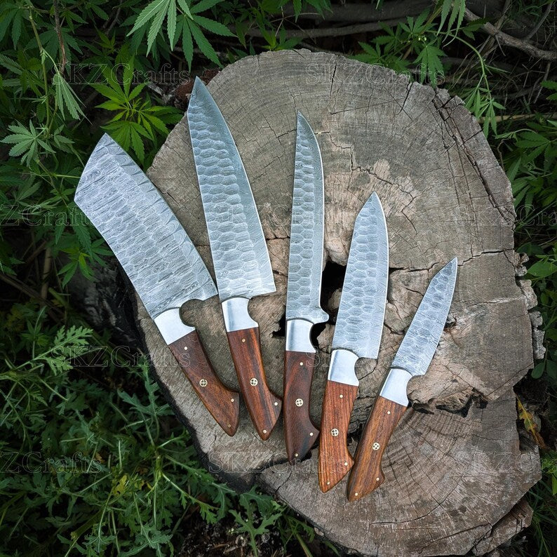 Handmade Damascus Steel Knives, Wooden Handle 5-Piece Set with Leather Roll, Personalized Thanksgiving Gifts for Him
