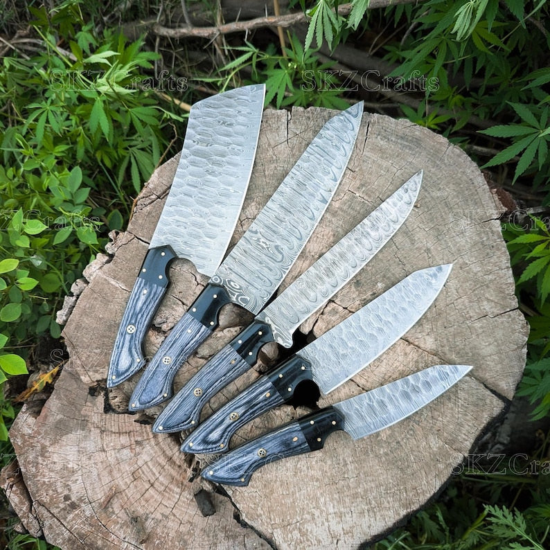 Handmade Damascus Steel Chef Knife Set 5Pcs, Custom Utility Blades, Engraved Anniversary Wedding Thanksgiving Gifts for Him/Her