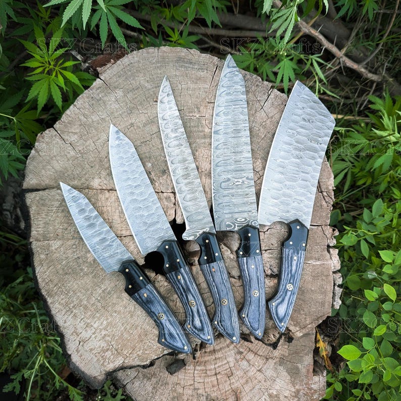 Handmade Damascus Steel Chef Knife Set 5Pcs, Custom Utility Blades, Engraved Anniversary Wedding Thanksgiving Gifts for Him/Her