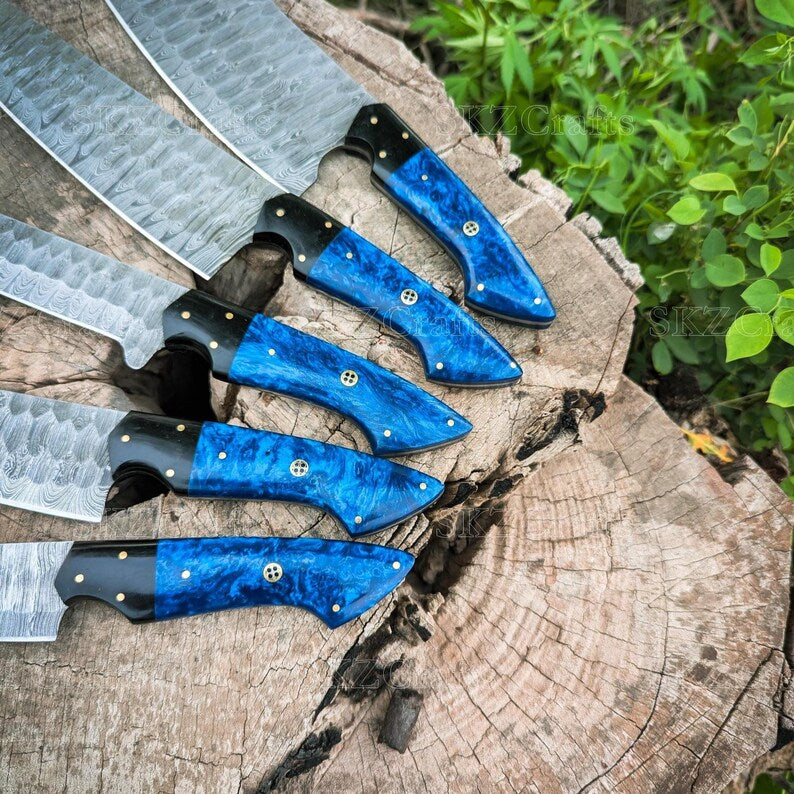 Damascus Steel Chef Knife Set, Vibrant Blue Resin & G10 Handle, Personalized Wedding Present, Thanksgiving Gifts