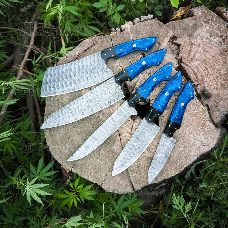 Damascus Steel Chef Knife Set, Vibrant Blue Resin & G10 Handle, Personalized Wedding Present, Thanksgiving Gifts
