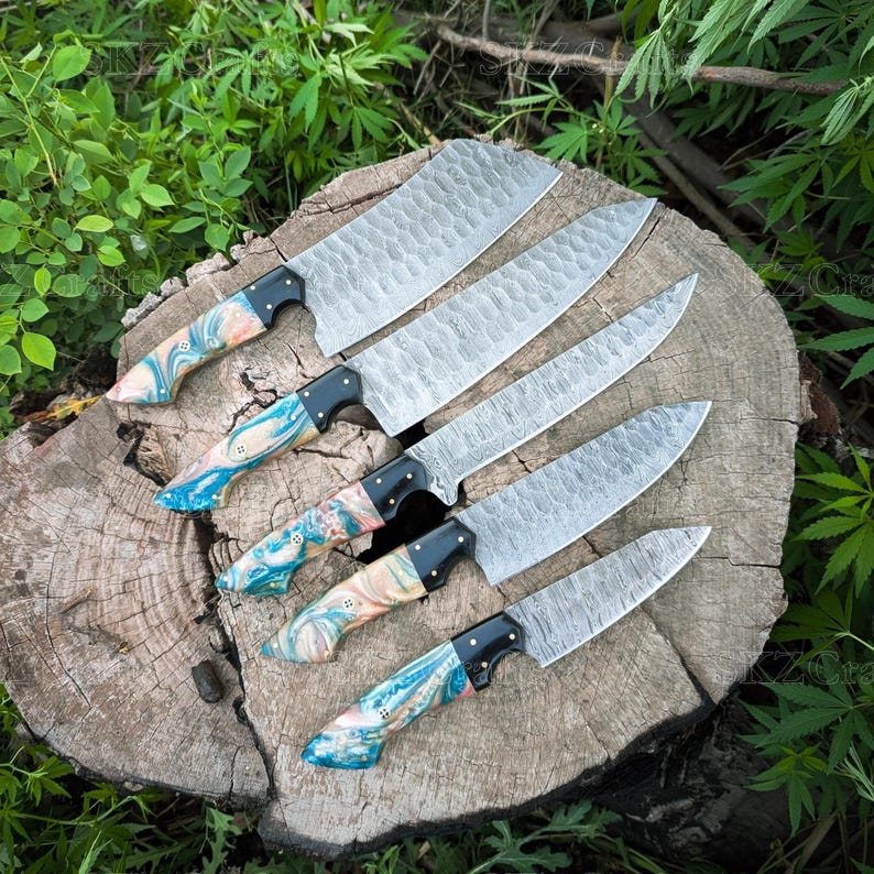 Custom Made Chef Knife Set, Damascus Steel Blade, Multi-Color Resin Handle Handmade Kitchen Cutlery, Thanksgiving Gifts For Men