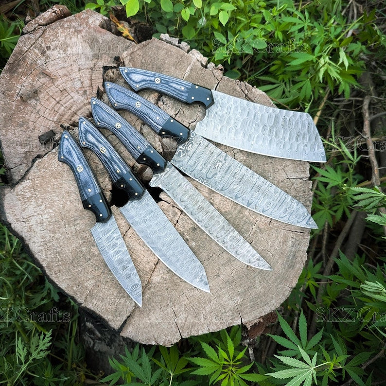 Handmade Damascus Steel Chef Knife Set 5Pcs, Custom Utility Blades, Engraved Anniversary Wedding Thanksgiving Gifts for Him/Her