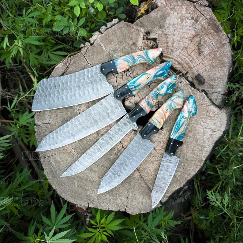 Custom Made Chef Knife Set, Damascus Steel Blade, Multi-Color Resin Handle Handmade Kitchen Cutlery, Thanksgiving Gifts For Men
