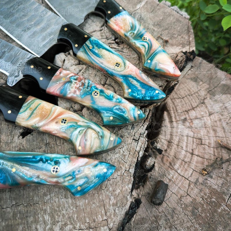 Custom Made Chef Knife Set, Damascus Steel Blade, Multi-Color Resin Handle Handmade Kitchen Cutlery, Thanksgiving Gifts For Men