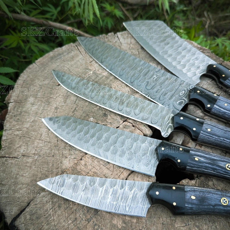 Handmade Damascus Steel Chef Knife Set 5Pcs, Custom Utility Blades, Engraved Anniversary Wedding Thanksgiving Gifts for Him/Her