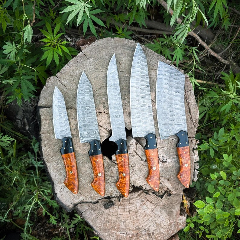 Handmade Chef Knife Set 5-Piece, Resin Handle Damascus Steel Blades, Custom Cooking Knife, Anniversary Gift for Thanksgiving Gifts