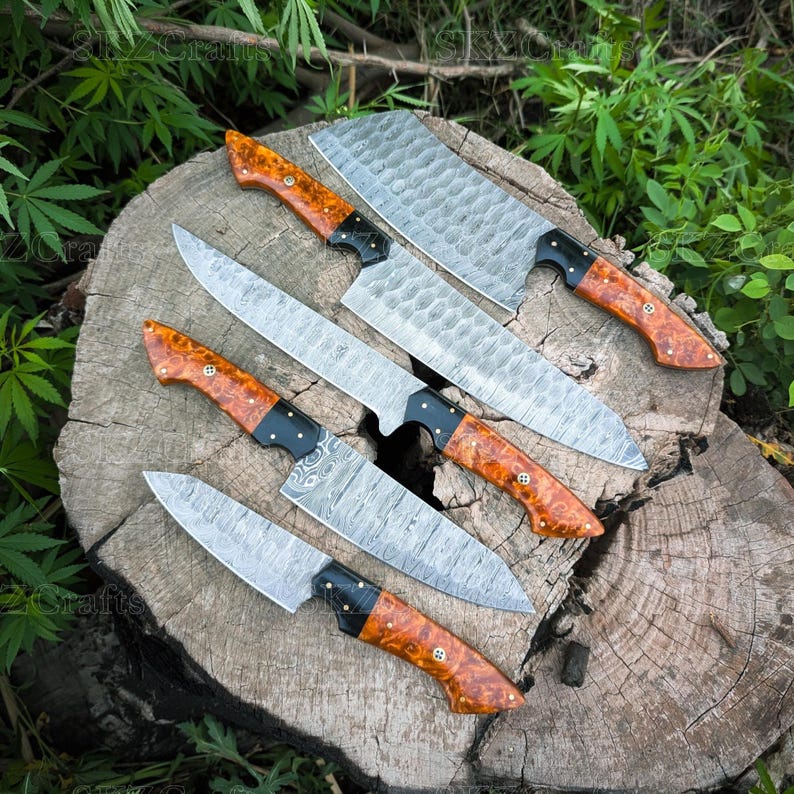 Handmade Chef Knife Set 5-Piece, Resin Handle Damascus Steel Blades, Custom Cooking Knife, Anniversary Gift for Thanksgiving Gifts