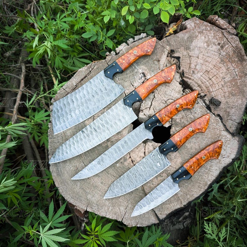 Handmade Chef Knife Set 5-Piece, Resin Handle Damascus Steel Blades, Custom Cooking Knife, Anniversary Gift for Thanksgiving Gifts