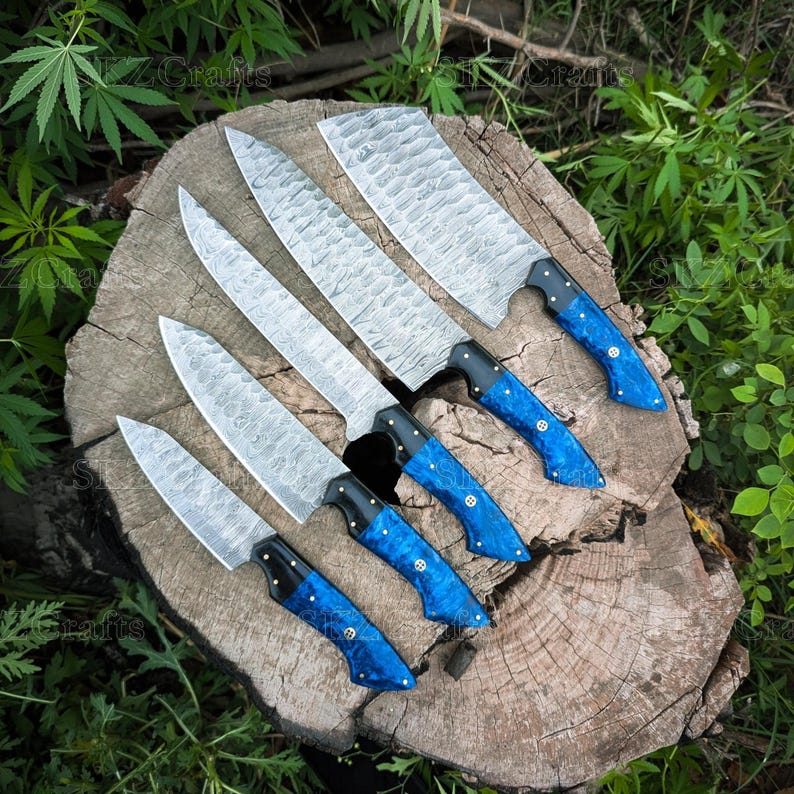Damascus Steel Chef Knife Set, Vibrant Blue Resin & G10 Handle, Personalized Wedding Present, Thanksgiving Gifts