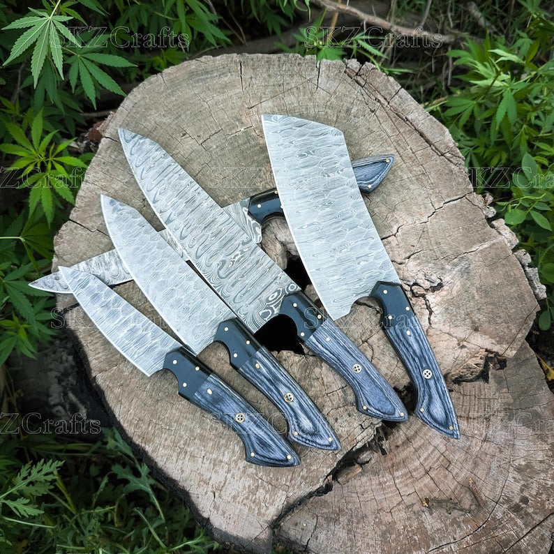 Handmade Damascus Steel Chef Knife Set 5Pcs, Custom Utility Blades, Engraved Anniversary Wedding Thanksgiving Gifts for Him/Her