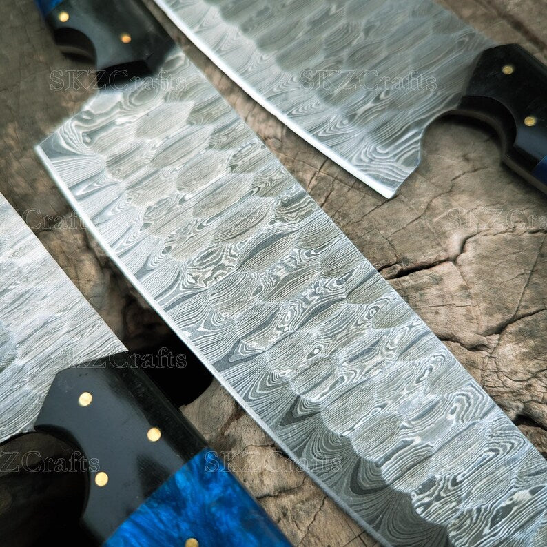 Damascus Steel Chef Knife Set, Vibrant Blue Resin & G10 Handle, Personalized Wedding Present, Thanksgiving Gifts
