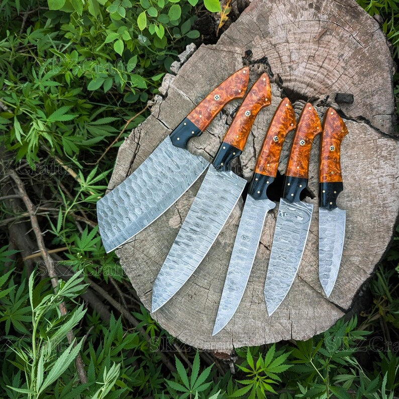 Handmade Chef Knife Set 5-Piece, Resin Handle Damascus Steel Blades, Custom Cooking Knife, Anniversary Gift for Thanksgiving Gifts