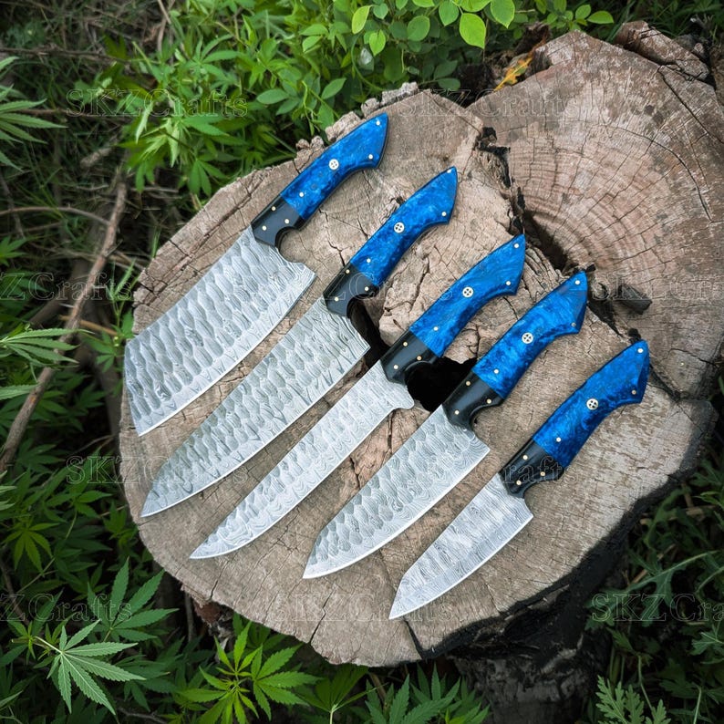Damascus Steel Chef Knife Set, Vibrant Blue Resin & G10 Handle, Personalized Wedding Present, Thanksgiving Gifts