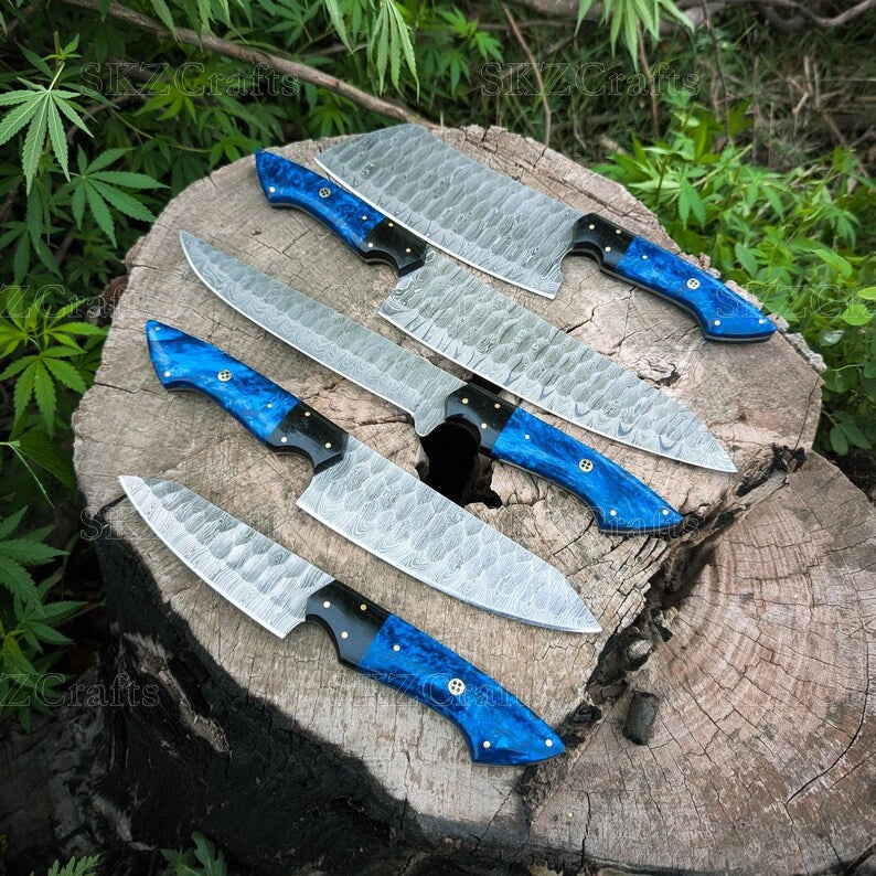 Damascus Steel Chef Knife Set, Vibrant Blue Resin & G10 Handle, Personalized Wedding Present, Thanksgiving Gifts