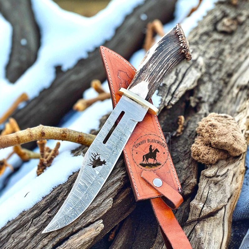 Handmade Damascus Steel Hunting Knife: Antler Horn Handle, Leather Sheath anniversary gift
