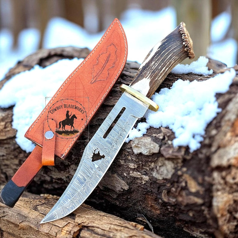 Handmade Damascus Steel Hunting Knife: Antler Horn Handle, Leather Sheath anniversary gift