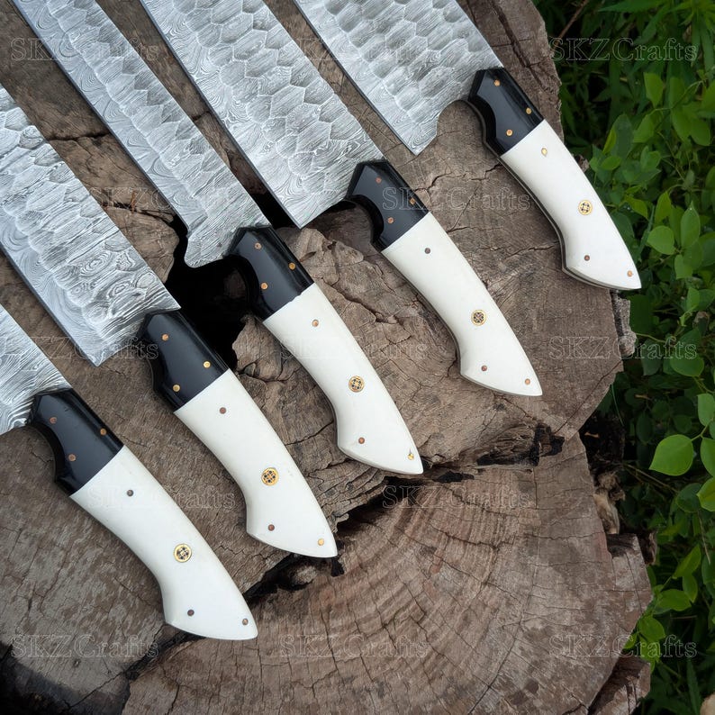 Handmade Chef Knives, White Resin Handle Damascus Steel Blade, Customized 5Pcs Set, Engraved Birthday, Groomsmen, Thanksgiving Gifts