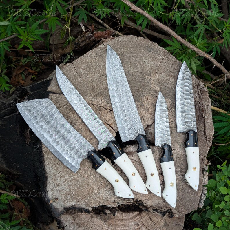 Handmade Chef Knives, White Resin Handle Damascus Steel Blade, Customized 5Pcs Set, Engraved Birthday, Groomsmen, Thanksgiving Gifts