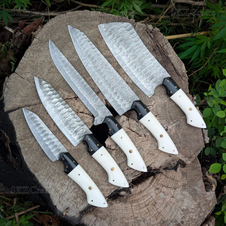 Handmade Chef Knives, White Resin Handle Damascus Steel Blade, Customized 5Pcs Set, Engraved Birthday, Groomsmen, Thanksgiving Gifts