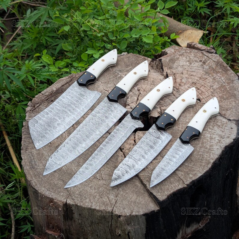 Handmade Chef Knives, White Resin Handle Damascus Steel Blade, Customized 5Pcs Set, Engraved Birthday, Groomsmen, Thanksgiving Gifts