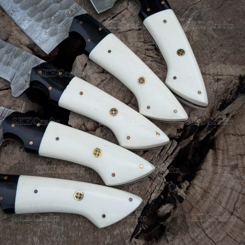 Handmade Chef Knives, White Resin Handle Damascus Steel Blade, Customized 5Pcs Set, Engraved Birthday, Groomsmen, Thanksgiving Gifts