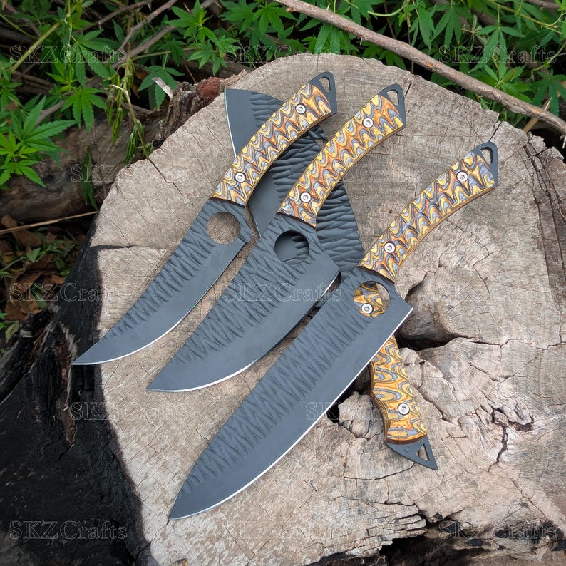 Hand Forged Chef Knife Set with Leather Roll, High Carbon Steel Coated Blades, Kitchen Enthusiast Personalized Thanksgiving Gifts