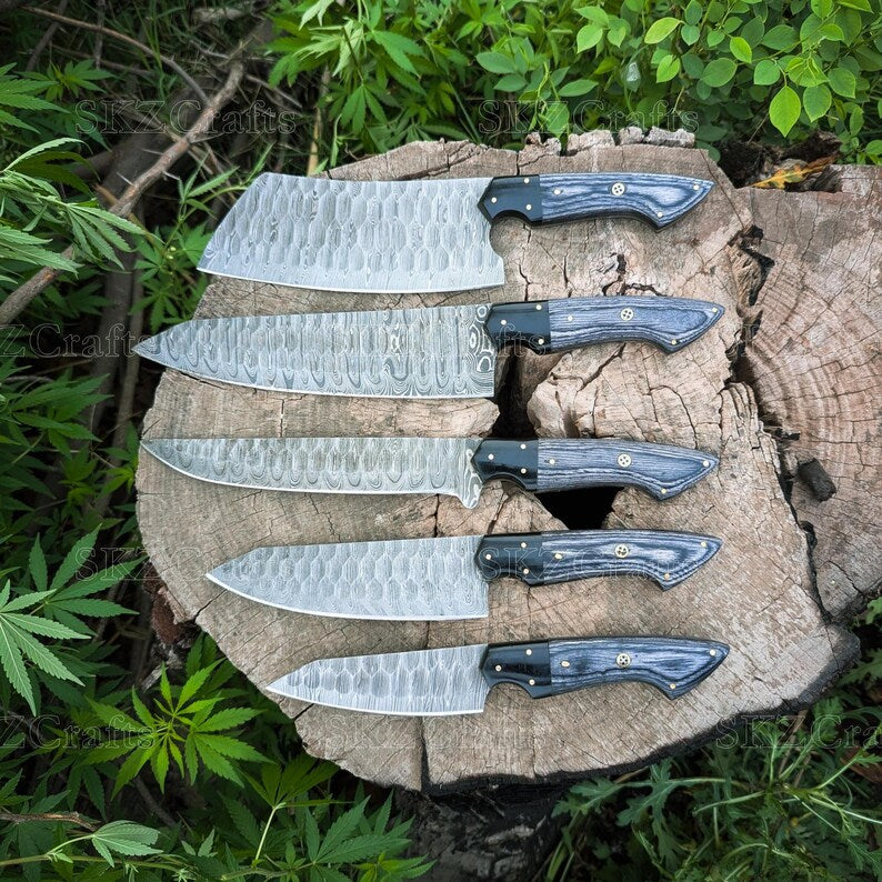 Handmade Damascus Steel Chef Knife Set 5Pcs, Custom Utility Blades, Engraved Anniversary Wedding Thanksgiving Gifts for Him/Her