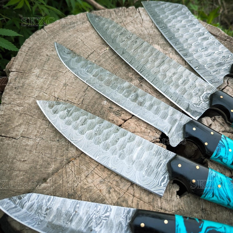 Handcrafted Damascus Steel Chef Knife Set, Teal Resin Handle Kitchen Cutlery, Personalized Anniversary, Thanksgiving Gifts