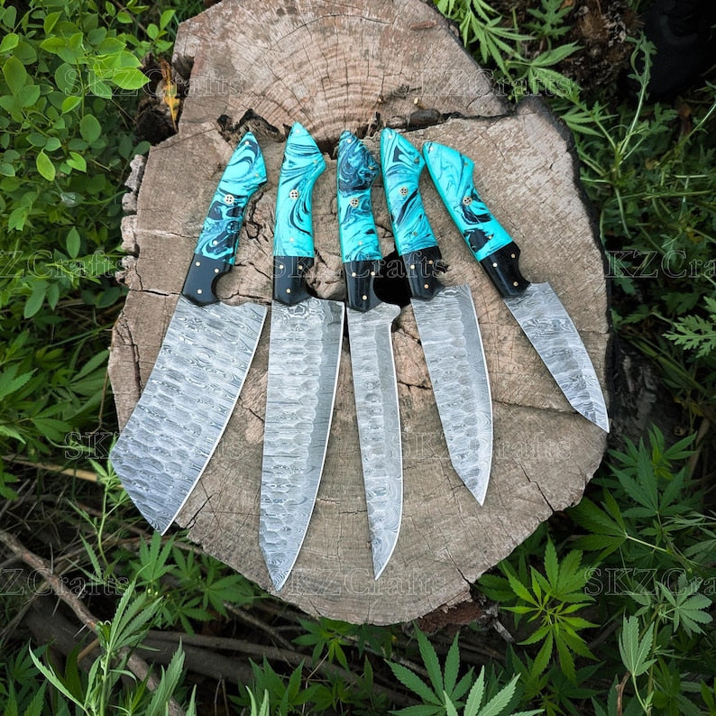Handcrafted Damascus Steel Chef Knife Set, Teal Resin Handle Kitchen Cutlery, Personalized Anniversary, Thanksgiving Gifts