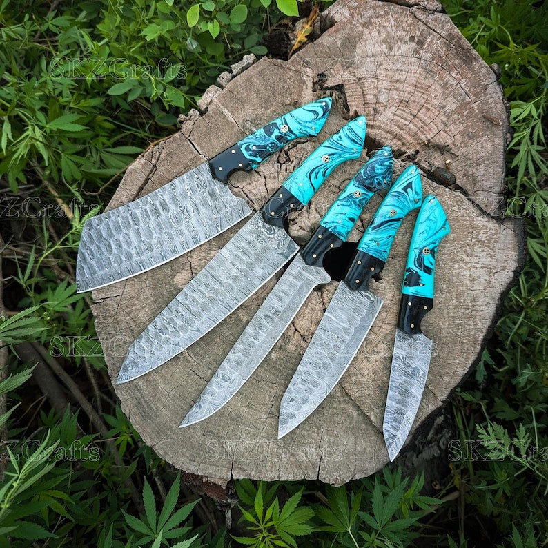 Handcrafted Damascus Steel Chef Knife Set, Teal Resin Handle Kitchen Cutlery, Personalized Anniversary, Thanksgiving Gifts