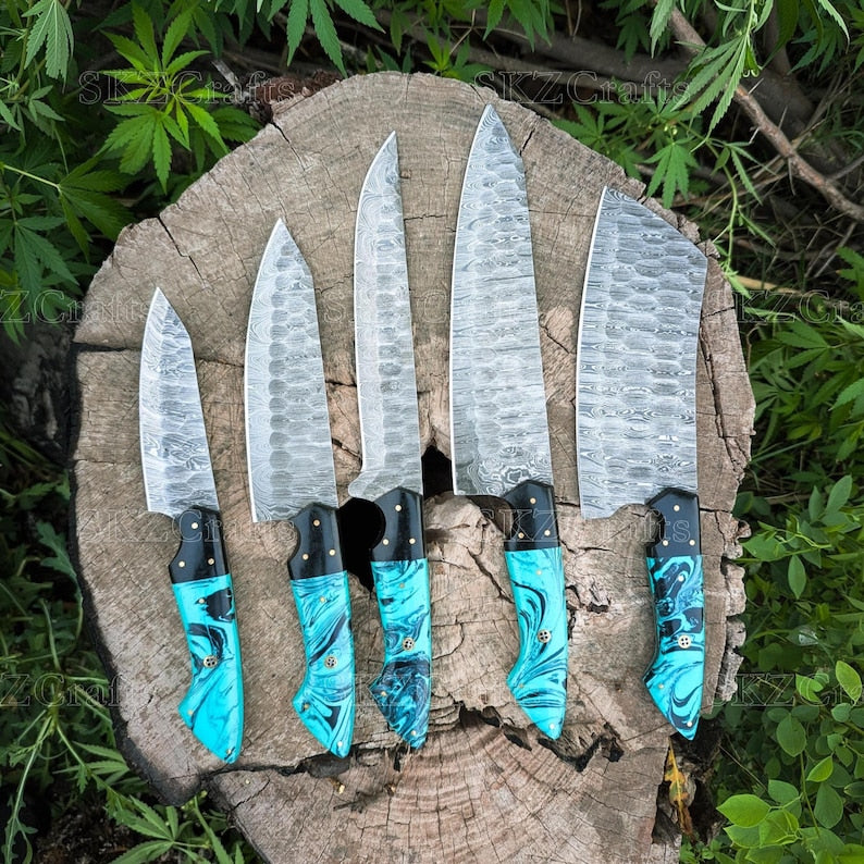 Handcrafted Damascus Steel Chef Knife Set, Teal Resin Handle Kitchen Cutlery, Personalized Anniversary, Thanksgiving Gifts