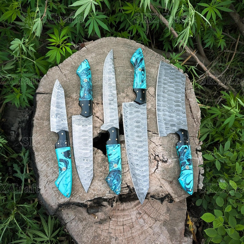 Handcrafted Damascus Steel Chef Knife Set, Teal Resin Handle Kitchen Cutlery, Personalized Anniversary, Thanksgiving Gifts