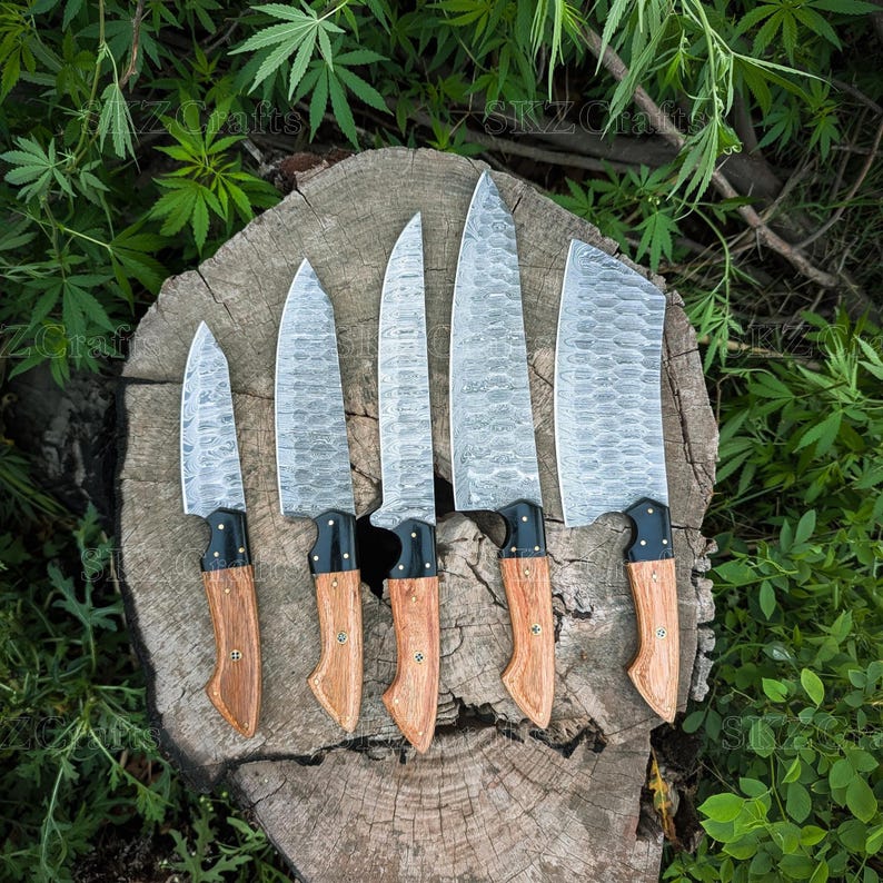 Custom Made Chef knife Set, Damascus Steel Blade, Wooden Handle, Groomsmen Gift, Anniversary Thanksgiving Gifts