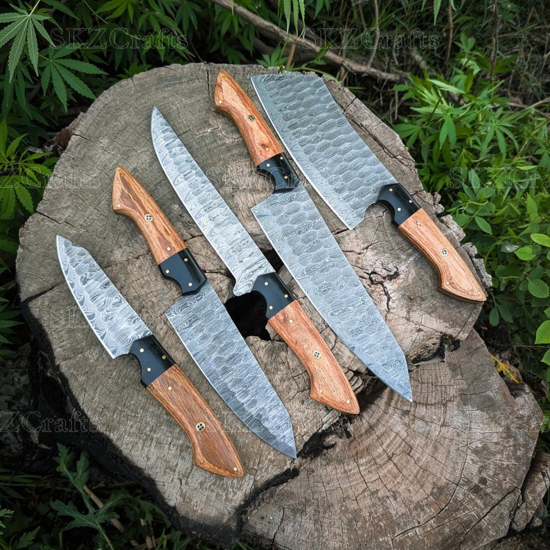Custom Made Chef knife Set, Damascus Steel Blade, Wooden Handle, Groomsmen Gift, Anniversary Thanksgiving Gifts