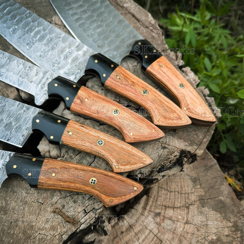 Custom Made Chef knife Set, Damascus Steel Blade, Wooden Handle, Groomsmen Gift, Anniversary Thanksgiving Gifts
