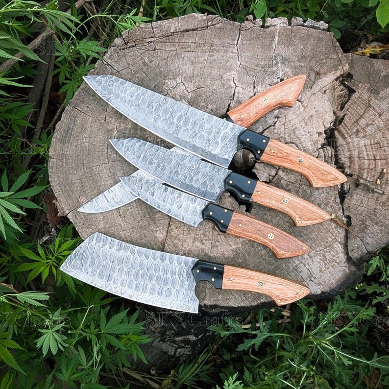 Custom Made Chef knife Set, Damascus Steel Blade, Wooden Handle, Groomsmen Gift, Anniversary Thanksgiving Gifts