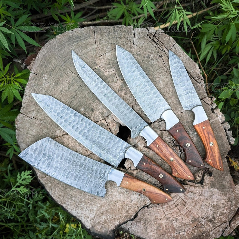 Handmade Damascus Steel Knives, Wooden Handle 5-Piece Set with Leather Roll, Personalized Thanksgiving Gifts for Him