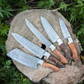 Handmade Damascus Steel Knives, Wooden Handle 5-Piece Set with Leather Roll, Personalized Thanksgiving Gifts for Him