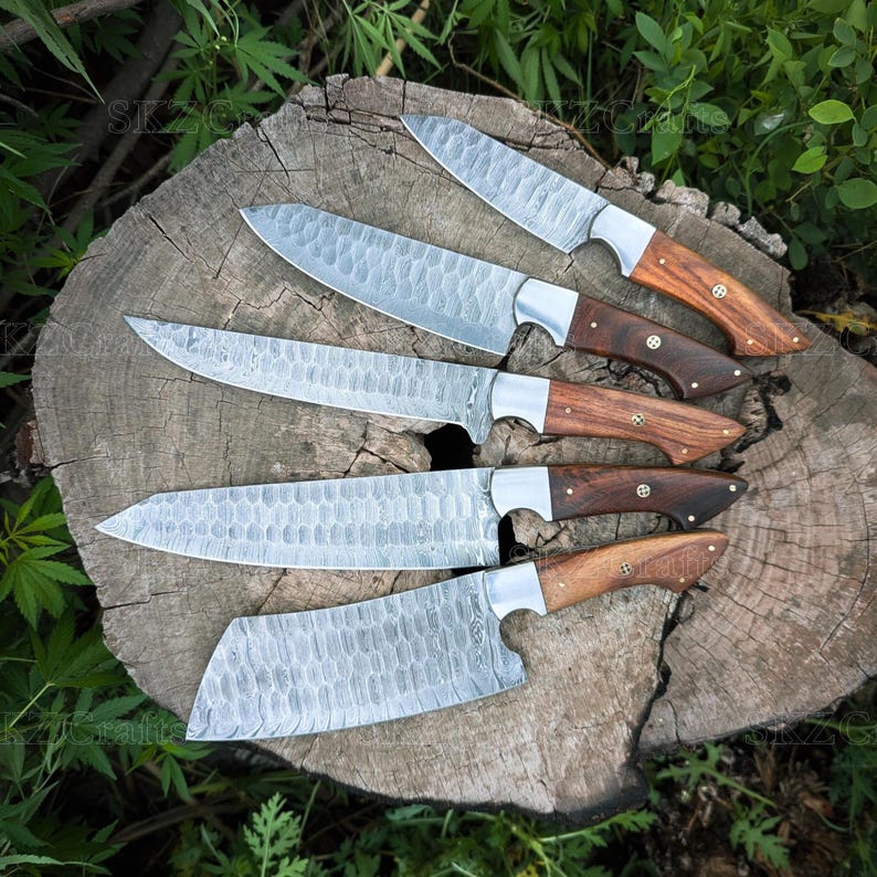 Handmade Damascus Steel Knives, Wooden Handle 5-Piece Set with Leather Roll, Personalized Thanksgiving Gifts for Him