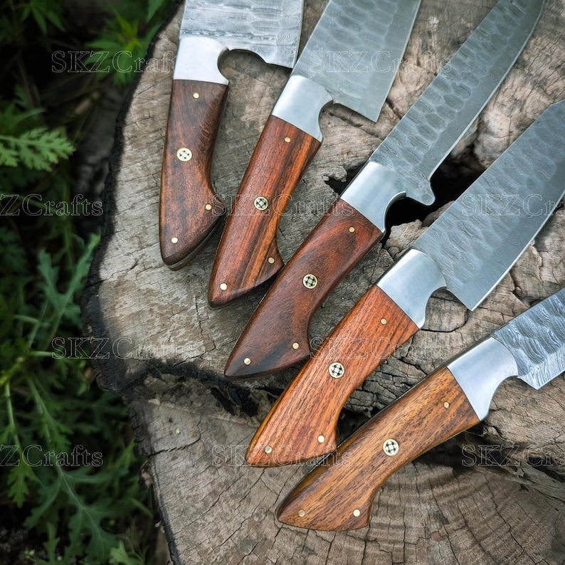 Handmade Damascus Steel Knives, Wooden Handle 5-Piece Set with Leather Roll, Personalized Thanksgiving Gifts for Him