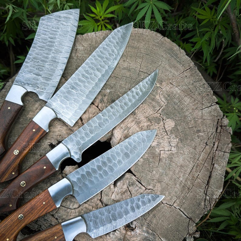 Handmade Damascus Steel Knives, Wooden Handle 5-Piece Set with Leather Roll, Personalized Thanksgiving Gifts for Him