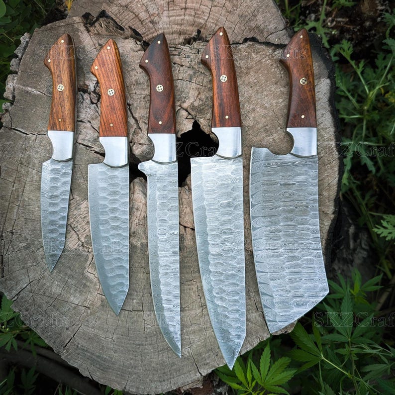 Handmade Damascus Steel Knives, Wooden Handle 5-Piece Set with Leather Roll, Personalized Thanksgiving Gifts for Him